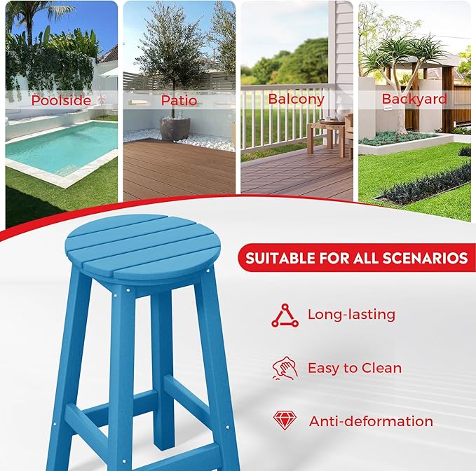 Costaelm 24" Height Outdoor Bar Stools, All-Weather Bar Stools, Adirondack Poly Patio Round Bar Stool for Patio, Deck, Kitchen Counter and Garden, Pacific Blue