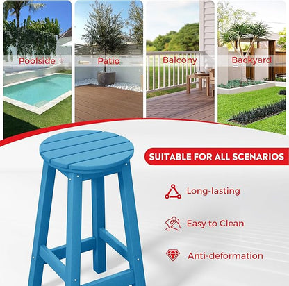 Costaelm 24" Height Outdoor Bar Stools, All-Weather Bar Stools, Adirondack Poly Patio Round Bar Stool for Patio, Deck, Kitchen Counter and Garden, Pacific Blue