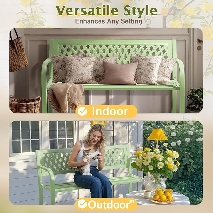 VINGLI 47'' Outdoor Bench, Weather Resistant Garden Patio Bench Powder Coated Iron Frame w/PVC Mesh Backrest Slatted - Photo 8