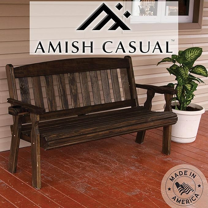Amish Casual Heavy Duty 800 Lb Mission Pressure Treated Garden Bench with Cupholders (5 Foot, Dark Walnut Stain)
