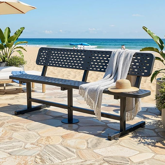 YITAHOME 6ft Carbon Steel Park Bench with Back, Thermoplastic Coated Metal Outdoor Seating, Commercial Garden Patio Porch Bench, Weatherproof Portable Frame, Black, 573 Lbs Cap