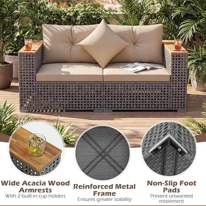 Tangkula 62.5" Large Patio Wicker Loveseat with Acacia Wood Armrests & Cup Holders, Outdoor 2-Piece Rattan Corner Sofa with Cushions, Sectional Conversation Set for Garden Backyard Porch Balcony