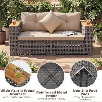 Tangkula 62.5" Large Patio Wicker Loveseat with Acacia Wood Armrests & Cup Holders, Outdoor 2-Piece Rattan Corner Sofa with Cushions, Sectional Conversation Set for Garden Backyard Porch Balcony