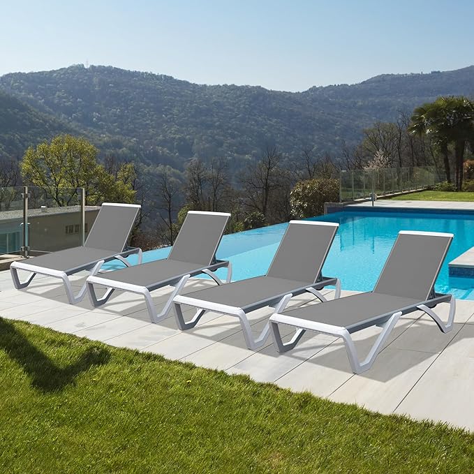 Domi Outdoor Lounge Chairs Set of 4, Aluminum Lounge Chairs for Outside with 5 Position Adjustable Backrest, Outdoor Chaise Lounge for Beach, Yard, Balcony, Poolside, Grey
