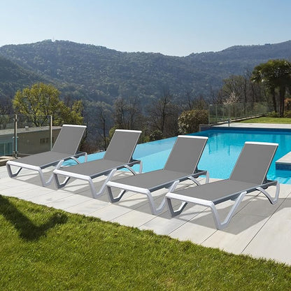 Domi Outdoor Lounge Chairs Set of 4, Aluminum Lounge Chairs for Outside with 5 Position Adjustable Backrest, Outdoor Chaise Lounge for Beach, Yard, Balcony, Poolside, Grey