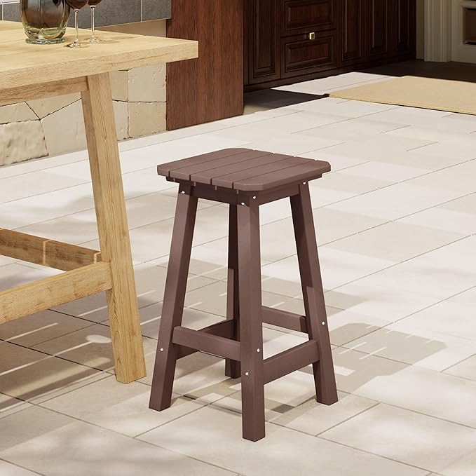 Costaelm 24" Height Outdoor Bar Stools, All-Weather Bar Stools, Adirondack Poly Patio Square Bar Stool for Patio, Deck, Kitchen Counter and Garden, Dark Brown