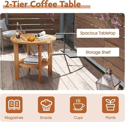 Tangkula Outdoor Round Side Table, 19.5 Inches Teak Wood Patio Table with Slatted Tabletop & Storage Shelf, 2-Tier Heavy Duty Small End Table for Backyard, Porch, Deck, Yard, Garden, Natural