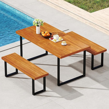 RELAX4LIFE Outdoor Bench Acacia Wood - 48’’ Garden Patio Dining Bench w/Slatted Seat, Metal Legs, 2-Person Backless Picnic Loveseat, Farmhouse Indoor Outdoor Furniture for Entryway Deck Park Porch (1)