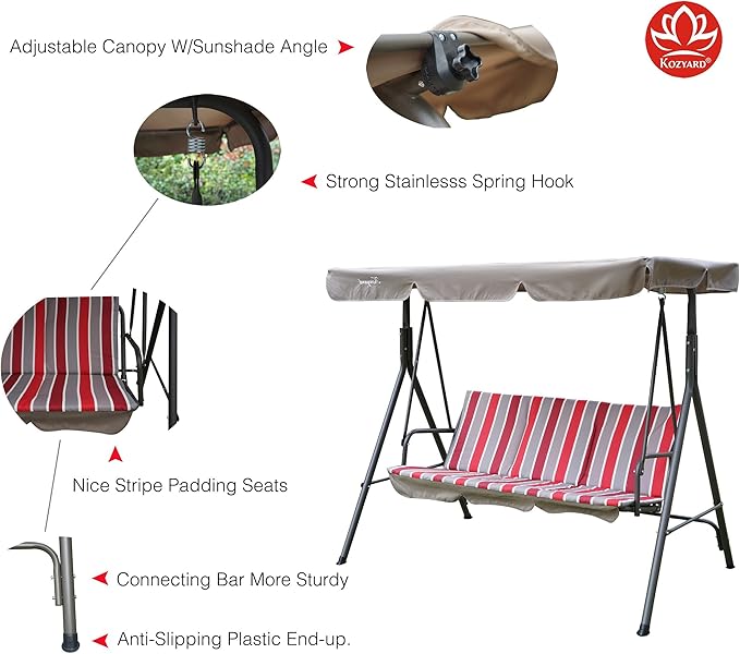 Kozyard Alicia 3-Seat Patio Swing, Outdoor Canopy Swing with Steel Frame - Photo 3