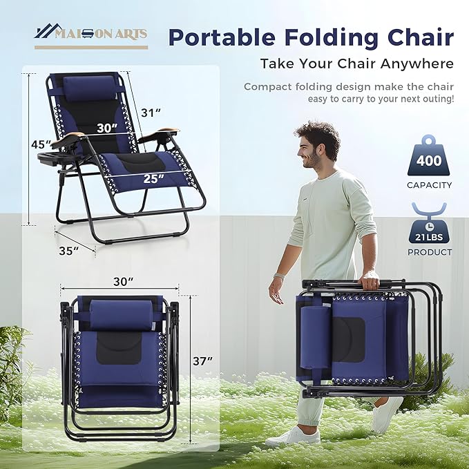 MAISON ARTS Oversized XXL Padded Zero Gravity Chair Set of 2, 30" Wide Seat Foldable Patio Recliner, Anti Gravity Outdoor Lawn Chair with Cup Holder & Pillow, Supports 400lbs, Blue