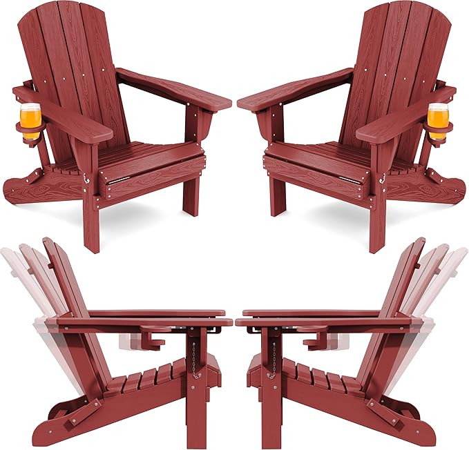 SERWALL Folding Adirondack Chair Set of 4, Adjustable Adirondack Chair with 3 Recline Positions, All Weather HDPE Outdoor Adirondack with Cup Holders, Red