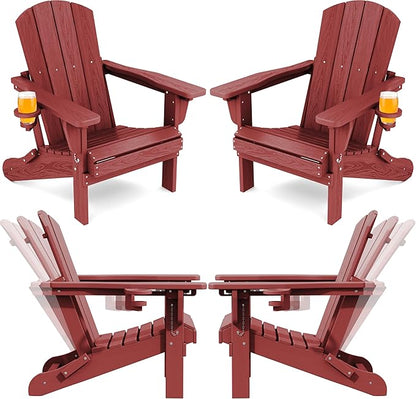 SERWALL Folding Adirondack Chair Set of 4, Adjustable Adirondack Chair with 3 Recline Positions, All Weather HDPE Outdoor Adirondack with Cup Holders, Red