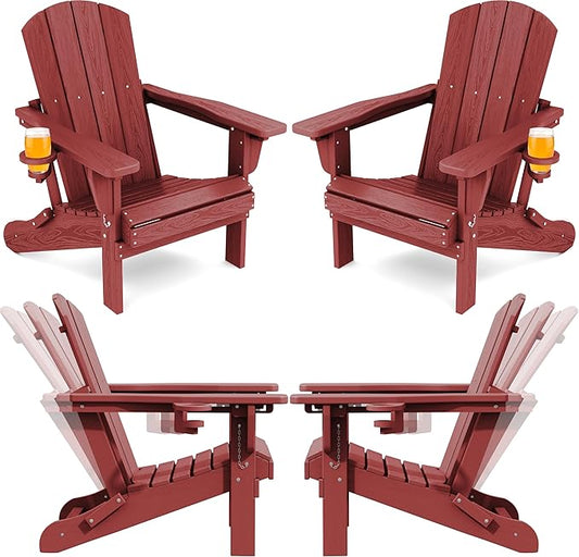 SERWALL Folding Adirondack Chair Set of 4, Adjustable Adirondack Chair with 3 Recline Positions, All Weather HDPE Outdoor Adirondack with Cup Holders, Red