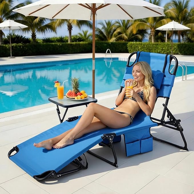3-in-1 Sun Tanning Chair with Face Holes, Folding Chaise Lounge Chairs, 5-Position Adjustable Lounge Chair Outdoor with 2 Side Pocket & Pillow, for Pool Beach, Patio, Camping, Blue