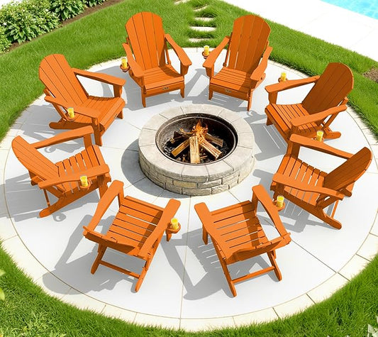SERWALL Folding Adirondack Chair Set of 8, Weather Resistant Patio Chair with Cup Holder for Patio Garden Outdoors Fire Pit- Apricot