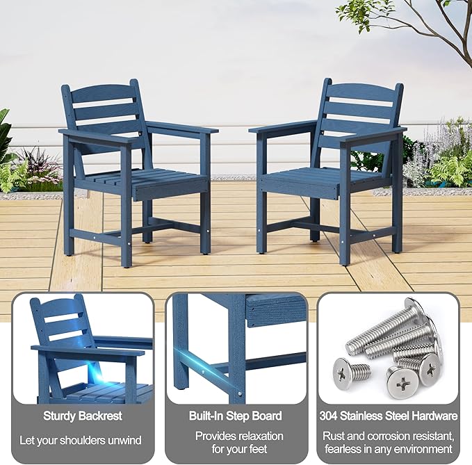 Scurrty Plastic Adirondack Chairs Set of 2, Patio Chairs with Wood Texture,Lawn Fire Pit Deck Porch Garden Chairs for Adults (Blue)