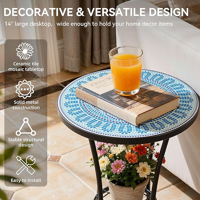 Side Table Outdoor, Mosaic Patio Table with Planter Stand, 22" H Iron Coffee End Table - Photo 6
