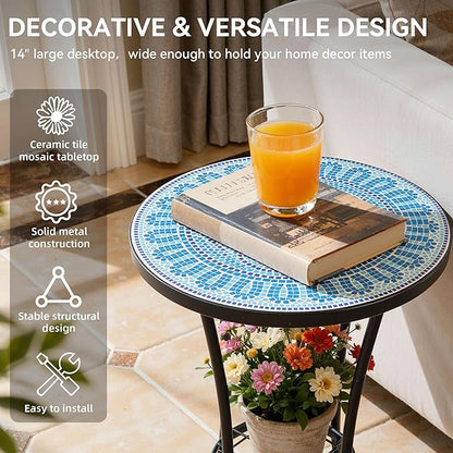 Side Table Outdoor, Mosaic Patio Table with Planter Stand, 22" H Iron Coffee End Table,Weather Resistant Tile Top Metal Drink Bar Table for Indoor Garden Balcony Yard Bistro Balcony