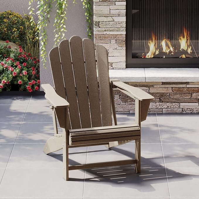 Costaelm Outdoor Patio HDPE Adirondack Chair with Cup Holder, Weathered Wood