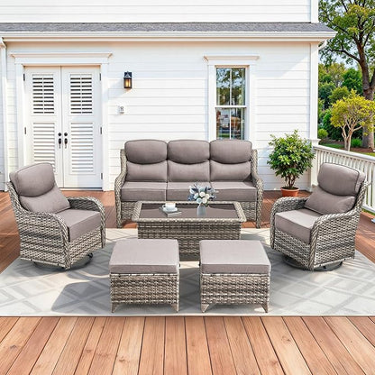 Luxury High Back Patio Furniture Set with 6-Inch Thick Cushions, 6-Pieces Outdoor Furniture with Swivel Chairs, Wicker Conversation Set for Porch, Balcony, Deck and Yard, Grey
