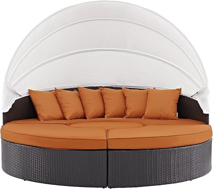 Modway Convene Wicker Rattan Outdoor Patio Retractable Canopy Round Poolside Sectional Sofa Daybed with Cushions in Espresso Orange