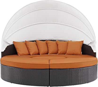 Modway Convene Wicker Rattan Outdoor Patio Retractable Canopy Round Poolside Sectional Sofa Daybed with Cushions in Espresso Orange
