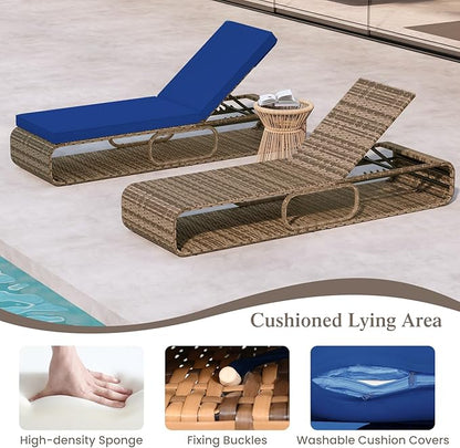 Tangkula Outdoor Chaise Lounge Chair Set of 2, 7-Position PE Wicker Patio Reclining Sun Lounger with Adjustable Backrest, Cushion and Storage, Pool Sunbathing Recliner for Poolside, Backyard (Navy)
