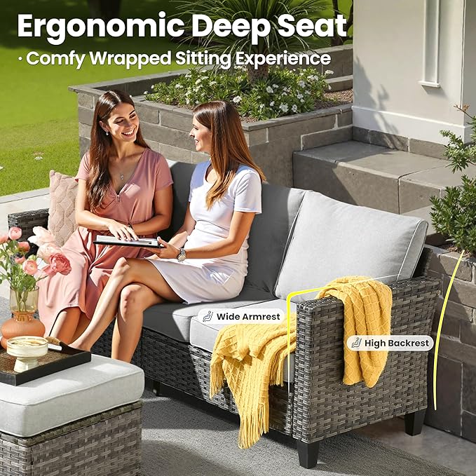 ovios Patio Furniture Set, 7 Pieces Outdoor Wicker Sofa Couch with Swivel Rocking Chairs Glass Table Comfy Cushions - Photo 5