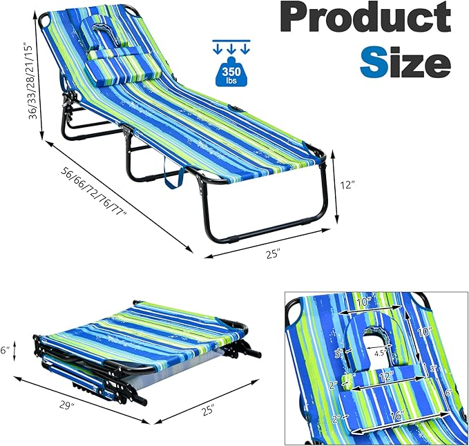 Goplus Tanning Chair, Folding Beach Lounge Chair with Face Hole, Removable Pillow, Carry Strap, Position Adjustable - Photo 2