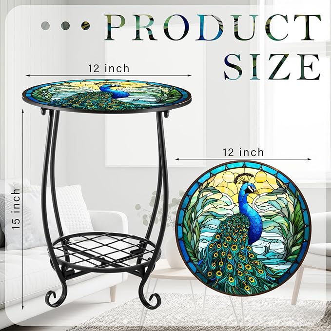 Outdoor Side Table Round Small Mosaic Patio Accent Indoor End Plant Coffee Tea Table for Yard Patio Porch Garden Living Room, Bedroom(Peacock Style,12 Inch)