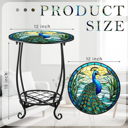 Outdoor Side Table Round Small Mosaic Patio Accent Indoor End Plant Coffee Tea Table for Yard Patio Porch Garden Living Room, Bedroom(Peacock Style,12 Inch)
