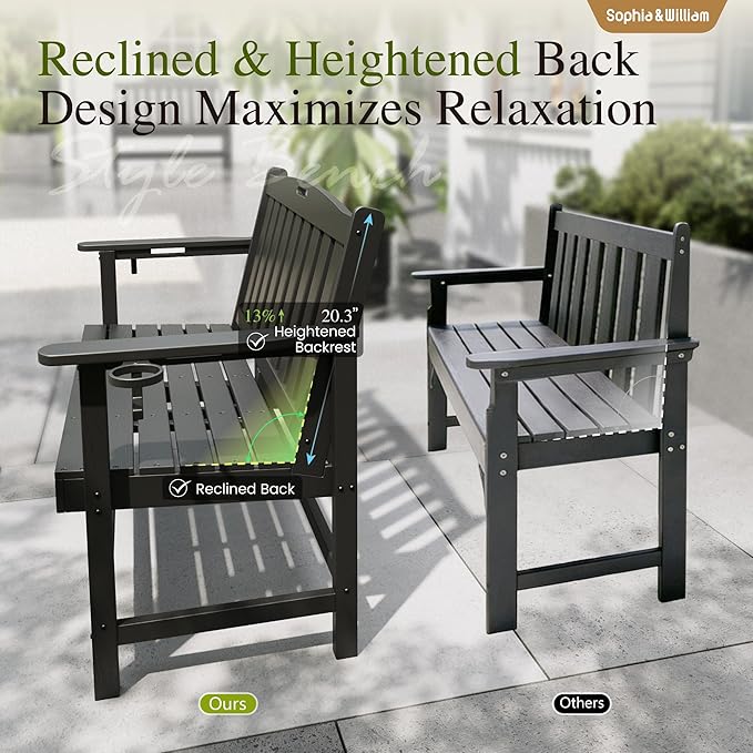 Sophia & William HDPE Outdoor Bench Weatherproof, 2-Person Garden Bench with Cup Holders, 700 lbs Capacity, Patio Benches for Porch, Garden, Backyard and Park, Black