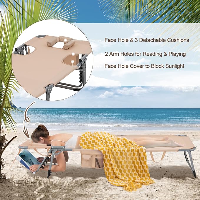 Tangkula Tanning Chair with Face Hole, Patio Folding Adjustable Reclining Beach Sunbathing Lounge Chair with Side Pocket - Photo 5