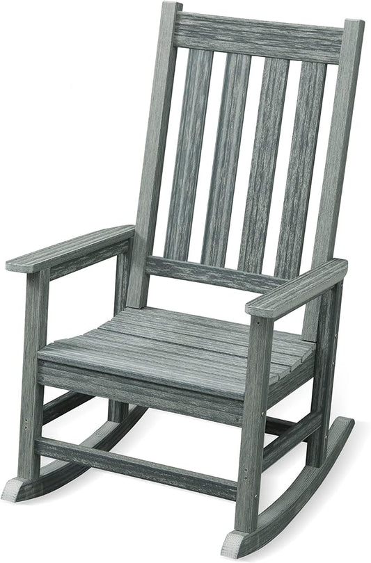 Rocking Chair Outdoor, HDPE Oversized Patio Rocking Chairs, Weather Resistant, 350lbs Heavy Duty Porch Rocker with High Back for Backyard, Fire Pit, Garden and Indoor (Grey)