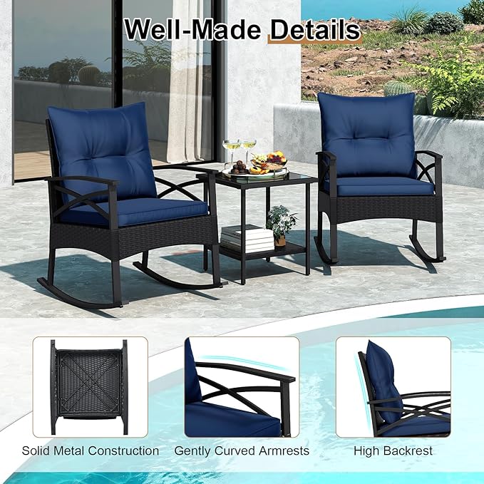 Tangkula 3 Pieces Outdoor Rocking Chairs Set, Rattan Heavy Duty Cushioned Rocker Chairs with 2-Tier Tempered Glass Coffee Table, for Garden, Balcony, Backyard (Black+Navy)