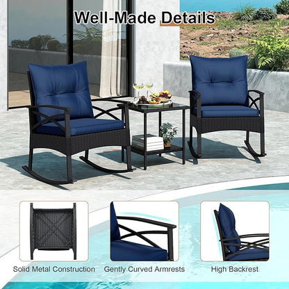 Tangkula 3 Pieces Outdoor Rocking Chairs Set, Rattan Heavy Duty Cushioned Rocker Chairs with 2-Tier Tempered Glass Coffee Table, for Garden, Balcony, Backyard (Black+Navy)