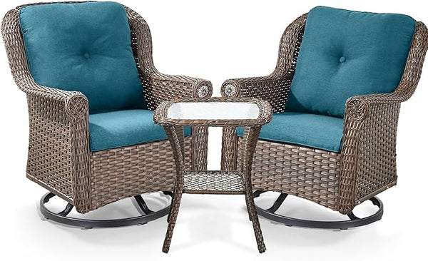 3 Piece Patio Swivel Chairs and Side Table Set - High Back Outdoor Brown Wicker Rattan Rocking Glider with Thick - Photo 1
