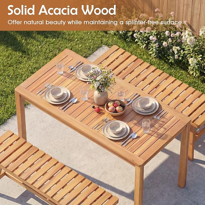 Tangkula Outdoor Acacia Wood Dining Table for 4-6, Rectangular Patio Table with Slatted Tabletop - Photo 6