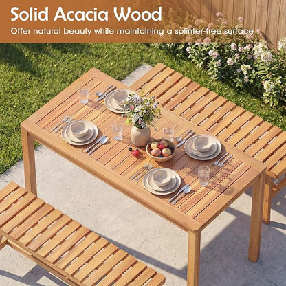 Tangkula Outdoor Acacia Wood Dining Table for 4-6, Rectangular Patio Table with Slatted Tabletop, Outside Dinner Table for Garden, Balcony, Deck and Backyard