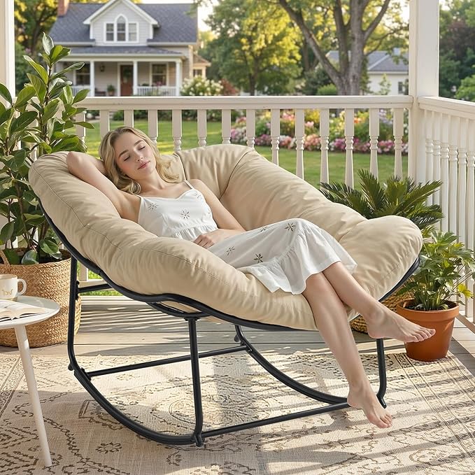 ONBRILL Papasan Rocking Chair with Cushion, Oversized Patio Lounge Rocker, Egg Chair Outdoor Indoor, for Living Room - Photo 3