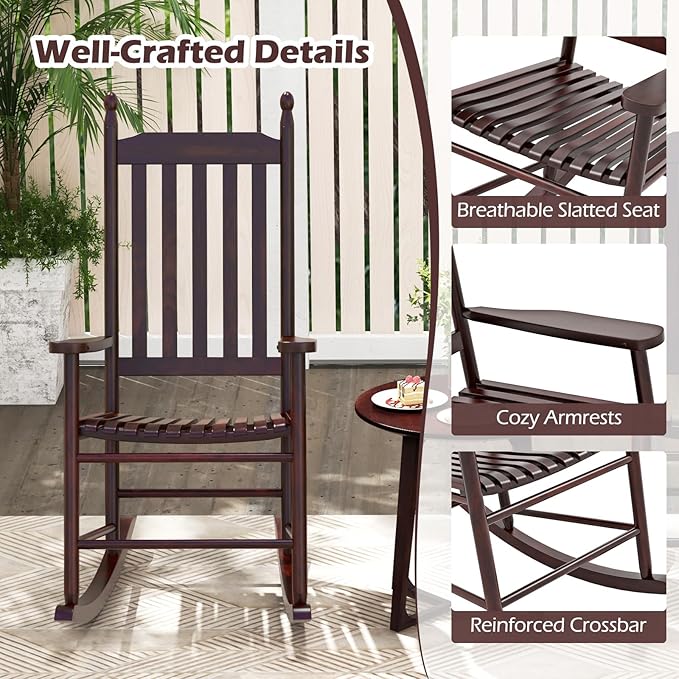 Giantex Outdoor Rocking Chair Set of 2, All Weather Patio Rocker w/Solid Rocking Base & High-Back, Slatted Seat & Back, Acacia Wood Porch Rocker, Wooden Patio Rocking Chair for Backyard, Brown
