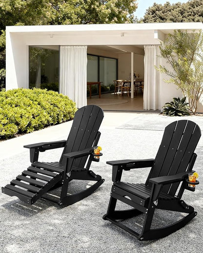 Adirondack Rocking Chairs Set of 2 with Retractable Ottoman, All Weather Folding Adirondack Chair with Two Cup Holders, Adirondack Outdoor Rocking Chairs for Porch, Patio, Balcony. Black