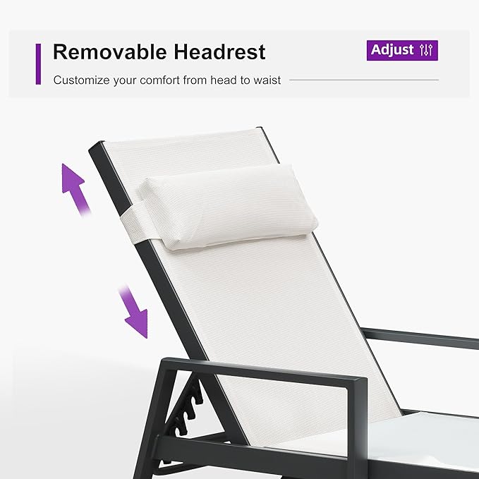 PURPLE LEAF Patio Lounge Chair Set of 3 Outdoor Chaise Lounger Aluminum Frame with Armrest Side Table and Wheels for Pool Outside Sunbathing Tanning Recliner Including Pillows White