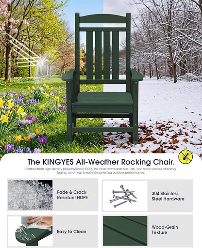 KINGYES HDPE Outdoor Rocking Chair Set of 2, All-Weather Patio Rocking Chair, Weather Resistant Porch Rocker for Adults, Dark Green