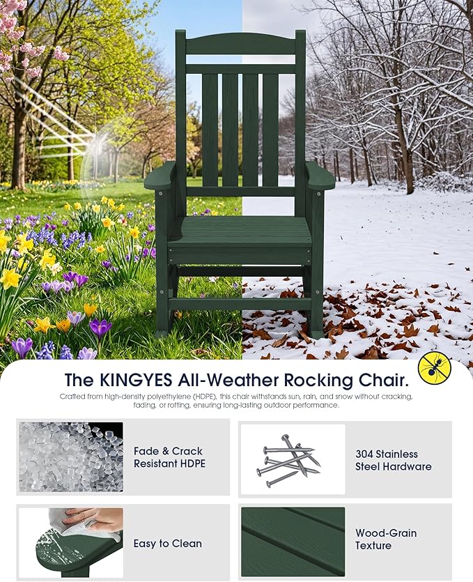 KINGYES HDPE Outdoor Rocking Chair Set of 4, All-Weather Patio Rocking Chair, Weather Resistant Porch Rocker for Adults, Dark Green