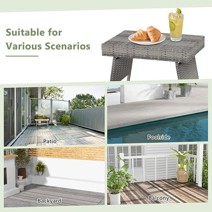 HAPPYGRILL Outdoor Wicker Table Folding Rattan Standing Coffee Side Table for Patio Lawn Bistro Poolside Garden