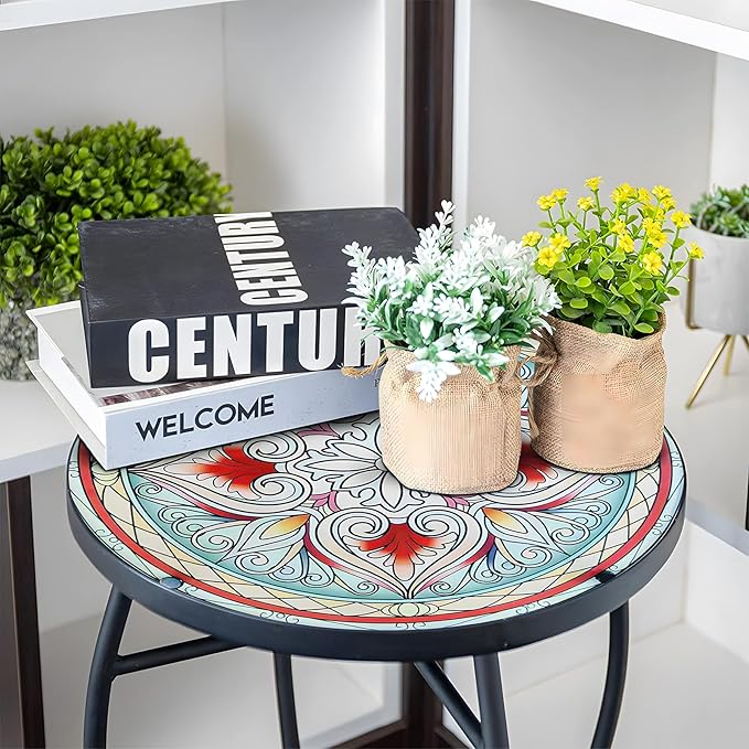 14 Inch Small Outdoor Side Table with Red Flower, Glass Mosaic Patio Table Indoor - Photo 2
