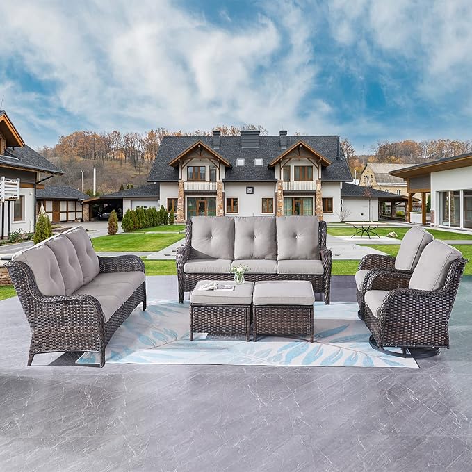 Rilyson Wicker Patio Furniture Set - 6 Piece Rattan Outdoor Sectional Conversation Sets with 2 Rocking Swivel Chairs - Photo 1