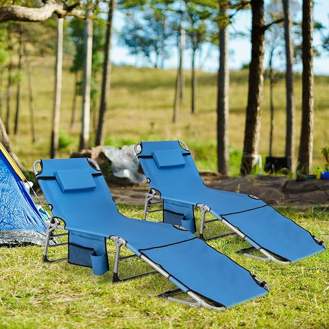 Goplus Tanning Chair, Folding Outdoor Beach Lounge Chair with Face & Arm Hole, Carrying Strap, Pillow, Side Pocket - Photo 2