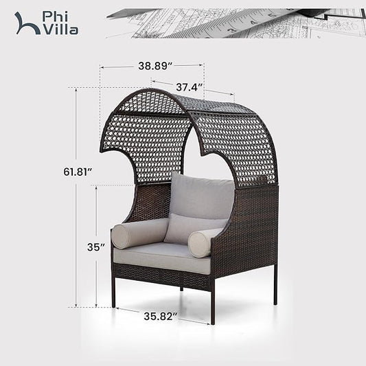 PHI VILLA Outdoor Wicker Egg Chair, Oversized Lounge Chair with Cushion, Large Brown Basket Rattan Chair for Patio, Porch, Garden, Balcony, Indoor